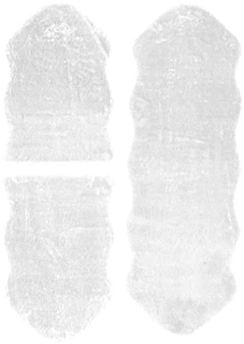 andiamo Teppich Lambskin - Kunstfell - flauschiger Teppich Schlafzimmer - geeignet als Bettvorleger Schlafzimmer oder als Fellteppich Wohnzimmer - Lammfellimitat pflegeleicht 3 teiliges Set weiß