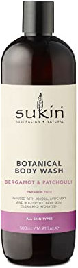 Sukin - Botanical Body Wash - Bergamot and Patchouli - Contains Calming Aloe Vera, for All Skin Types - Blend of Rosehip, Avocado and Jojoba Oil - 500ml