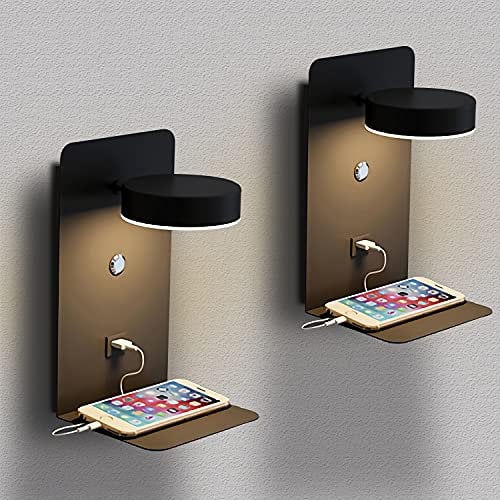 LED Wandleuchte mit USB Ladeanschluss, Touch Dimmbar Leselampe Wandmontage, 12W Innen Wandlampe mit Stecker, 350° Drehbare Schlafzimmer Bettlampe Leselicht, für Wohnzimmer Hotel zimmern (2 Stück)
