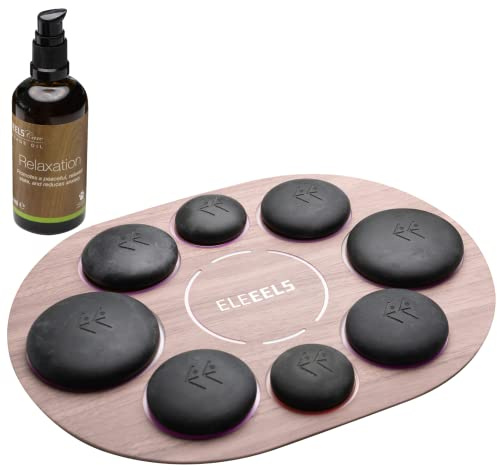 ELEEELS S1 Hot Stone Massage Set mit 8 Steinen aus Basalt, Wärmegerät, Lichttherapie, Aromatherapie, Massage von Gesicht Rücken Beinen und vom ganzen Körper für Spa, Entspannung und Wellness, schwarz