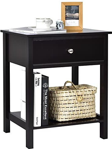 COSTWAY Nachttisch mit Schublade, Beistelltisch 2 Ebene Holz, Nachtkommode Nachtschrank Flurkommode, Flurtisch Telefontisch für Wohnzimmer Schlafzimmer, 48 x 40 x 58 cm (1, Schwarz)