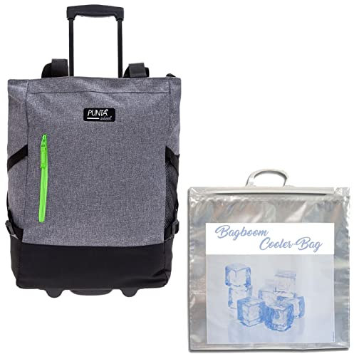 Einkaufstrolley Trolley groß Einkaufsroller faltbar Punta Wheel 35 Liter Volumen Alu Stange Schulter-Handgurte Auswahl + Thermo Kühltasche (TT Hellgrau 10183 1700 + Bagboom Tasche)