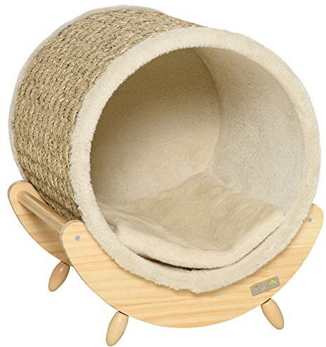 PawHut Katzenhöhle Katzenbett mit Regal Katzenhaus Katzenhütte mit Kratzunterlage Indoor Kiefernholz Flanell Khaki+Natur+Beige 41 x 38 x 43 cm