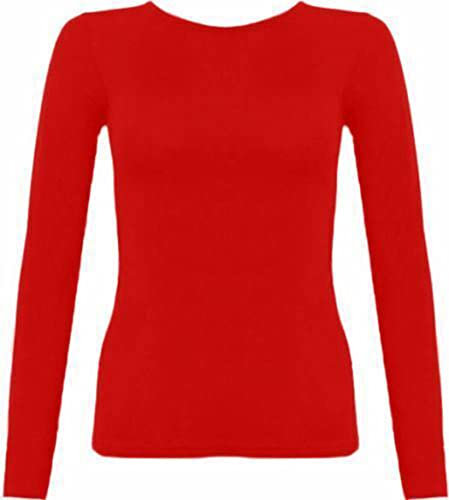 Crazy Fashion Long Sleeve Plain Tshirts for Women UK Round Scoop Neck Stretchy Formal Casual Basic Slim Fit Jersy Ladies Tee Top Plus Size 8-22 Red