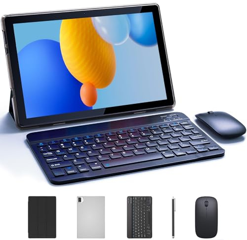 10 pollici Tablet Android 14 Compresse 2 in 1 Con Tastiera Caso Mouse Stylus Android Tableta 8GB+64GB Supporto 1TB di espansione, 10.1 pollici IPS HD Schermo 2MP+8MP Doppia Fotocamera WiFi-6 Bluetooth