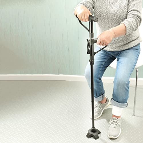 Get Up and Go Walking Stick - Height Adjustable Foldable Freestanding Mobility Aid Cane with 2 Cushioned Handles (1 that Pivots), Built-In LED Torch & Non-Slip 4 Footed Rubber Base