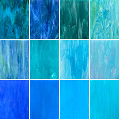 LITMIND 12 Blatt blaue Buntglasplatten, 10,2 x 15,2 cm Mosaikglaszubehör zum Basteln, Buntglas-Starter-Kit für Erwachsene, Kunstglasplatten für Buntglas-Herstellungsprojekte (gemischtes Blau)