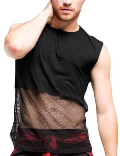 JPXJGT Transparente Camiseta de Tirantes Malla para Hombre Camiseta de Rejilla(Color:Black,Size:S)