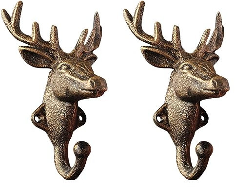 HIZEFSOO Rustikaler Doppelhaken Gusseisen - Hirschkopf Wandhaken Vintage Metall Wandmontage Kleiderhaken Wohnkultur Tierform Schlüssel Mantel Hut Haken Handtuch Wohnzimmer Badezimmer Raumdekoration