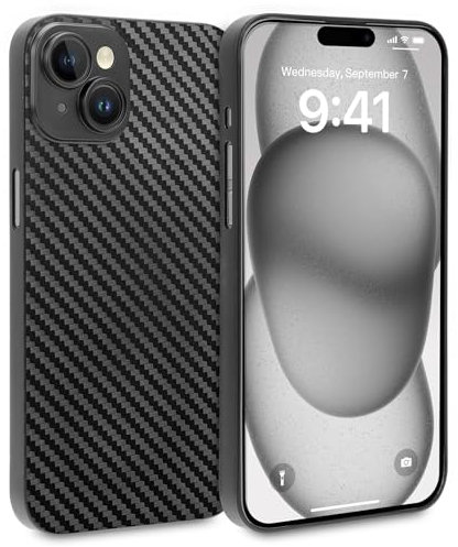 doupi Ultra Dünne Handyhülle kompatibel mit iPhone 15 (6,1 Zoll) - Carbon Fiber Look, Kabelloses Laden Unterstützend, Super Slim Protective Cover, Kohlefaser Optik schwarz