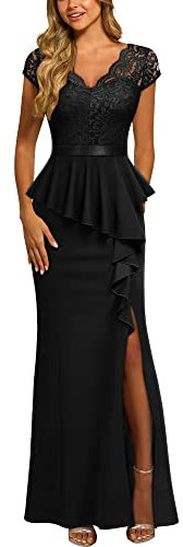MISSMAY Women's Elegant V-Neck Lace Peplumed Ruffle Split Bridesmaids Party Gown Formal Maxi Dress (XX-Large, Black)