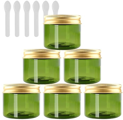PQPAUTY 6 Pièces Vides Petit 50 ml Vert Cosmétique Pot en Plastique avec Couvercle Or 50 g Pots de Cosmétique Crème de Bouteille Contenant avec 6x Spatules