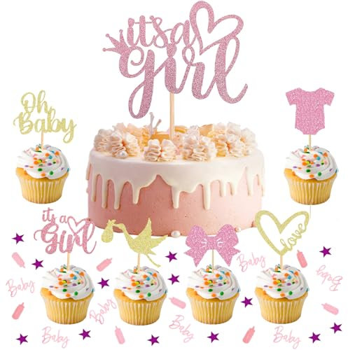 ALEGRE® Its a Girl Tortendeko Babyparty Mädchen, Baby Shower Deko Girl, Baby Shower Tortendeko Gender Reveal Party Deko, Babyparty Deko Mädchen, Muffin Deko Rosa für Taufe Babyshowerparty