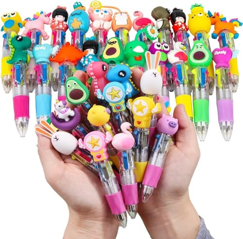KAHEIGN 32Pcs Cartoon Ballpoint Pen, 4-in-1 Multicolor Ballpoint Pen 10CM Retractable Cute Pen 0.7mm Thick Point Pen for Office School Supplies Students Children Gift Party Bag Fillers