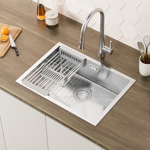 CECIPA Fregadero Cocina 1 Seno 60 x 44cm, Fregadero Bajo Encimera o Sobre Encimera, Fregadero de Acero Inoxidable 304 con Cesta de Filtro Extensible, Sifón y Kit de Drenaje
