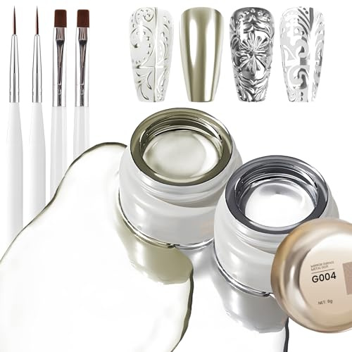U-Shinein Lot de 2 gels de peinture métallisée, en métal pour ongles, effet miroir réfléchissant 3D, kit de mise à jour avec pinceaux, gel UV, gel de manucure, gel de manucure, argenté et doré clair
