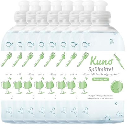Kuno - Geschirrspülmittel, biologisch abbaubar, vegan, Lemongrass, hautpflegend durch Urea, entfettet, flüssig, ergiebig und stark (500 ml, 8er Pack)
