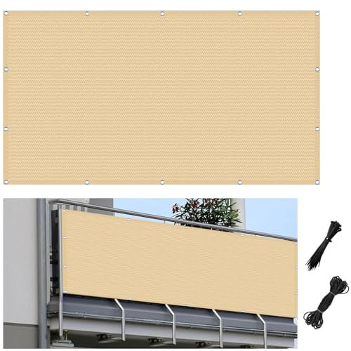 Sichtschutz Balkon 150 x 500 cm Uv-Resistent Reißfest, 90% Beschattungsgrad, Windschutz Balkonschutz Sichtschutzmatte mit Kordel für Balkon im Freien, Sandgelb