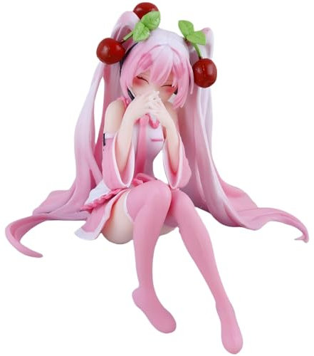 Keyhvao Miku-Figur, Miku-Modellfigur, sitzend, rosa Kirsche, Anime-Figur, niedliche Dekoration, PVC-Material, Geschenke für Desktop, Freund (geschlossenes Auge)