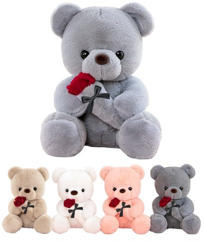 LIHIQIYA Teddybär mit Rose, Liebesgeschenke für Frauen 35cm Grau Plüschtier | Plüschtier mit Rose Süße Kuscheltier Teddy Plüsch-Bär Teddybären Stofftier Hochzeitstag Jahrestag Geschenke für Sie Freundin