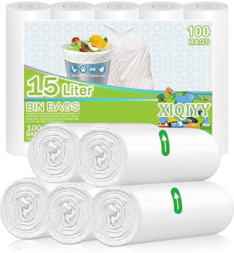 XIQIYY Pedal Bin Liners 15 Liter Bin Bags White Trash Bags Bathroom Garbage Bags 100 Counts