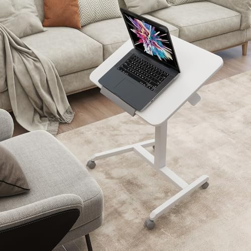 PUNCIA 65x48cm Mobile Standing Desk with 4 Rolling Wheels, Pneumatic Height Adjustable Laptop Computer Workstation 76-111cm, Tilting Desktop Beside Overbed Table for Home Office White