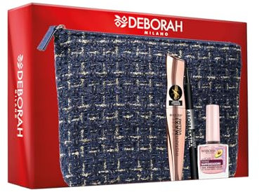 Deborah Milano - Set Regalo Donna Pochette Occhi, Include Mascara Instant Maxi Volume con Ceramidi, Eyeliner 48 Ore Extra Black e Smalto Trattamento Rafforzatore 8.5ml, n.6