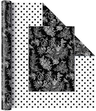 WERNNSAI Schwarzes Geschenkpapier mit Blumenmuster – 1 Rolle 43 cm x 10 m Blumenstrauß Geschenkpapier Schwarz Blumen Packpapier für Erwachsene Hochzeits Brautparty Geschenkpapier