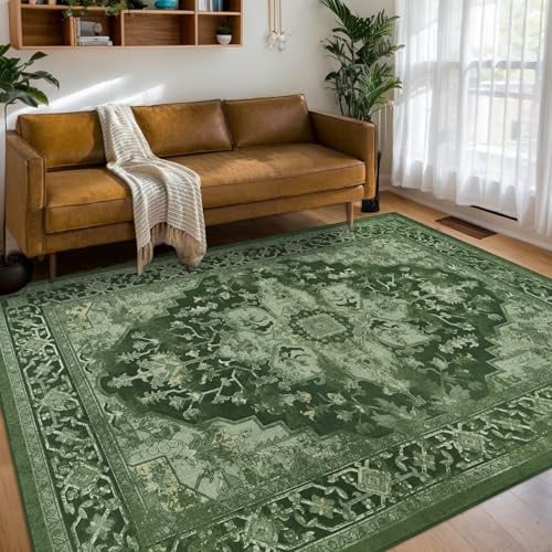 Homcomodar Großer Teppich Waschbar 160x230cm Boho Teppiche Wohnzimmer Weiche Kurzflor Teppich Schlafzimmer Grün Vintage Teppiche für Wohnzimmer Esszimmer Büro