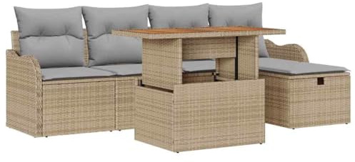 vidaXL Garten-Sofa-Set mit Kissen mit Speicher 6 pcs Beige Poly Rattan, Garten- und Terrassenmöbel, modernes Sofa, UV-beständige Materialien, höhenverstellbarer Tisch, Lagerfach, Flexibles Lounge-Set