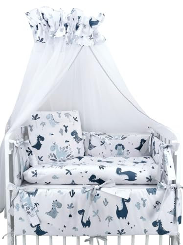 Babyhafen Beistellbett Baby mit Vollausstattung – Modell „Dino“ in Blau – 90x50 cm – Inkl. Matratze, Nestchen, Bettwäsche & Himmel – Für Neugeborene & Kleinkinder
