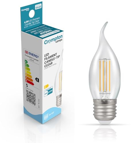 Crompton Lamps Bent-Tip Candle LED Light Bulb ES-E27 | 4.2W = 40W Equivalent | Warm White 2700K | Flame Tip | Edison Screw Lightbulb | Long Life 15,000-Hrs | Clear Glass