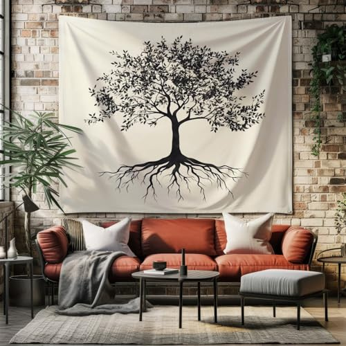 SKOEUI Wandteppiche Schwarz Wandtuch Wandbehang Wandteppiche 230x210 cm | Minimalistischer Lebensbaum für Schlafzimmer Wohnzimmer Dorm Decor Tapestry Wandtücher