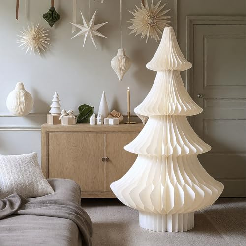Spiareal Large Beige White Honeycomb Paper Tree 48 Inch Tall Paper Christmas Tree Decorations 4 ft Foldable & Magnetic Design for Xmas Holiday Winter Party Office Modern Minimalist Decor