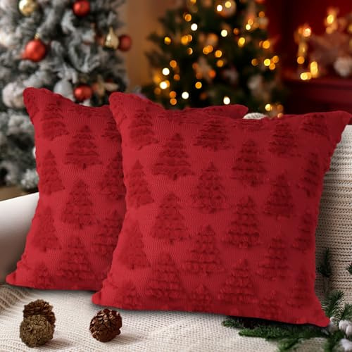 Lanpn 2 Stück Kissenbezug Weihnachten Kissenhülle 50x50 cm, Winterliche Weihnachtsbaum Dekorative Weihnachtskissen für Home Wohnzimmer Schlafzimmer Couch Bett Sofa Dekor Weihnachtsdeko (Rot)