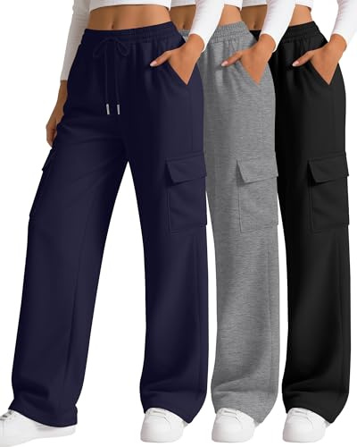 Neer Lot de 3 Jogging Cargo pour Femme, Pantalon de Survêtement à Jambes Larges et Ample, Décontracté avec 4 Poches