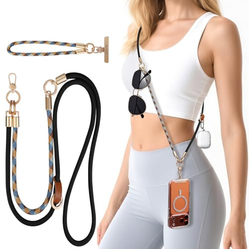 memumi 3 en 1 con Rotación 360° Cordón para Teléfono Móvil, Antirrobo Crossbody para Cuello o Muñeca Correa, Anticaída Segura Material Tejido Ideal para Ciclismo y Viajes