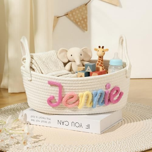 Personalisierter Baby-Aufbewahrungskorb Webstoff mit Gesticktem Namen, Kleiner&Großer Baumwollkorb für Kleidung, Spielzeug, Windeln, Neugeborenen-Duschkorb, Personalisiertes Babygeschenk (C)