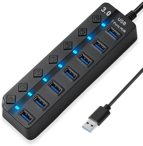 7 Port USB 3.0 Hub USB Extender with Individual Switches and Lights | 5Gbps High-Speed USB Multiport Adapter Extension Hub Portable Data Splitter with Extended Cable for Macbook PC Printer