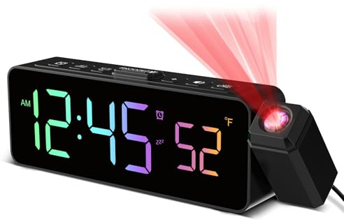 Projection Alarm Clocks for Bedrooms, Digital Clock with Temperature, 180° Projector, RGB Display, 4-level Brightness, 3-level Volume, 12/24H, Plug In Alarm Clock Bedside Projector on Ceiling Wall