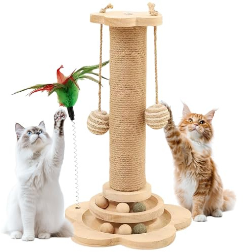 Arbre Chat avec Boule Suspendue & Corde Sisal, Poteau Griffoir Maison Bois Grand 46 cm, Griffoirs Chats Résistant, Jouets Interactifs Chaton, Jeu Colonne Intérieur, Jouet Balle Massif