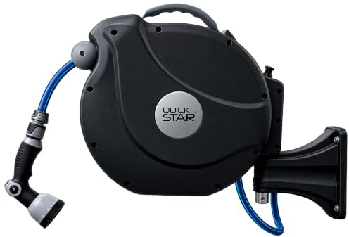 QUICK STAR slangtrumma Zulu 15 m 2 m, automatisk rullning, 180° svängbar, 10 lägen multihanddusch, vattenavlopp kvalitetsslang, trädgårdsslang, väggväxling, universalkoppling