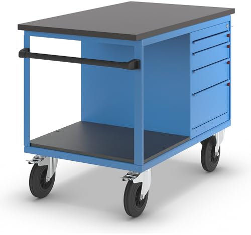 eurokraft | pro | Werkbank fahrbar | Tragfähigkeit 500 kg | mit Vier Schubladen | LxBxH 1150 x 700 x 900 mm