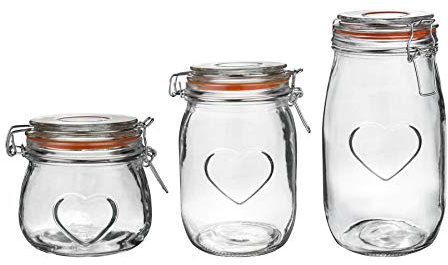 Nicola Spring Heart Design Glass Storage Food Preserve Jars - 500ml / 1L / 1.55L - Orange - Set of 3