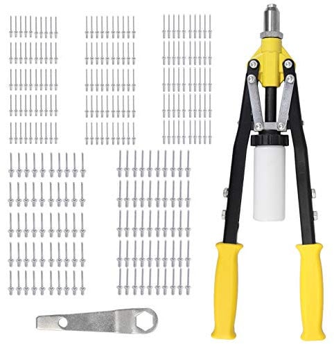 AUTOUTLET Double Handle Rivet Gun Shock-Proof Extra Long Steel Rivet Pliers Lever Pliers Yellow 3.2/4.0/4.8/6.0/6.4mm with 250 PCS Rivets Suitable for Families and Craftsmen