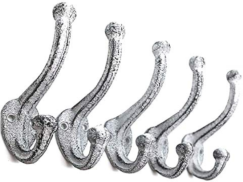 Ambipolar Decorative Rustic Cast Iron, Wall Mounted Coat Hooks (Set of 5) Vintage Inspired , Modern Farmhouse , Coats, Bags, Hats, Towels (Antique White)