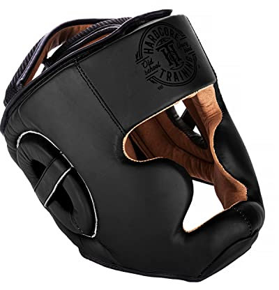 Hardcore Training MMA Headgear Classic Kopfschutz Khaki Schwarz Boxen Muay Thai Boxtraining Kickboxen Sparring Taekwondo Leder Karate