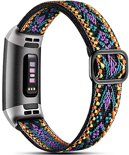 Dirrelo Elastisch Armband Kompatibel mit Fitbit Charge 3 Armband/Fitbit Charge 4 Armband, Atmungsaktiv Verstellbar Gewebte Stoff Ersatzarmband, Nylon Sportarmband für Damen Herren, Aztekisches Lila