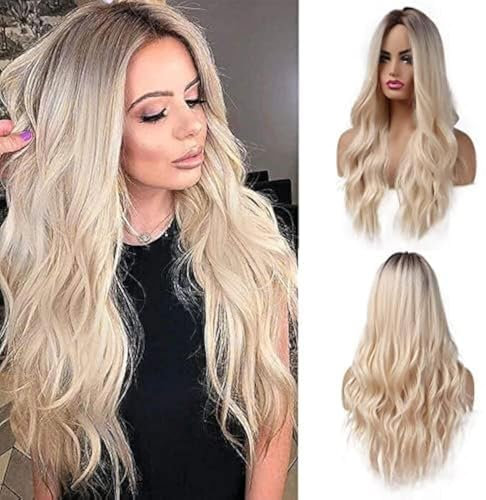 Esmee 26 Zoll lange Blonde Perücken für Frauen Naturhaar Kunsthaar Perücke Blond Schatten mit dunklen Wurzeln Kunstperücke Perücke Loose Wavy hitzebeständig