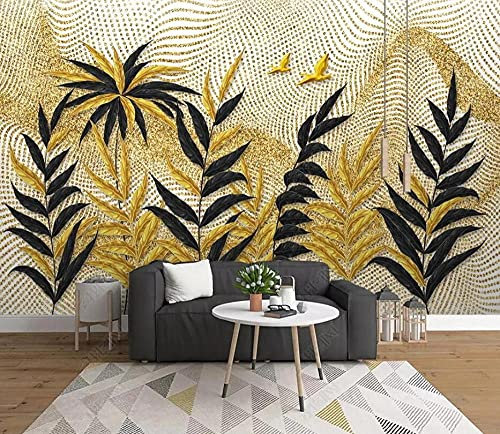 Papier Peint Panoramique Feuilles Noires Dorées Papier Peint 3D Tapisserie Murales Chambre Salon Décoration,150x105cm